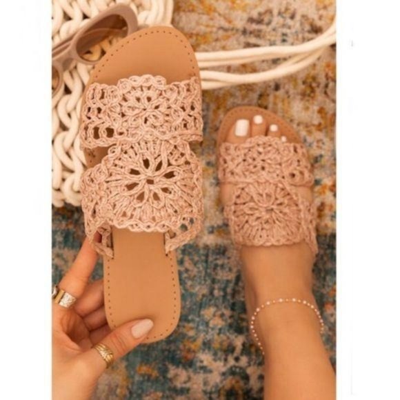 Woven Raffia Slide Sandals in Blush Nude - Picture 5 of 10